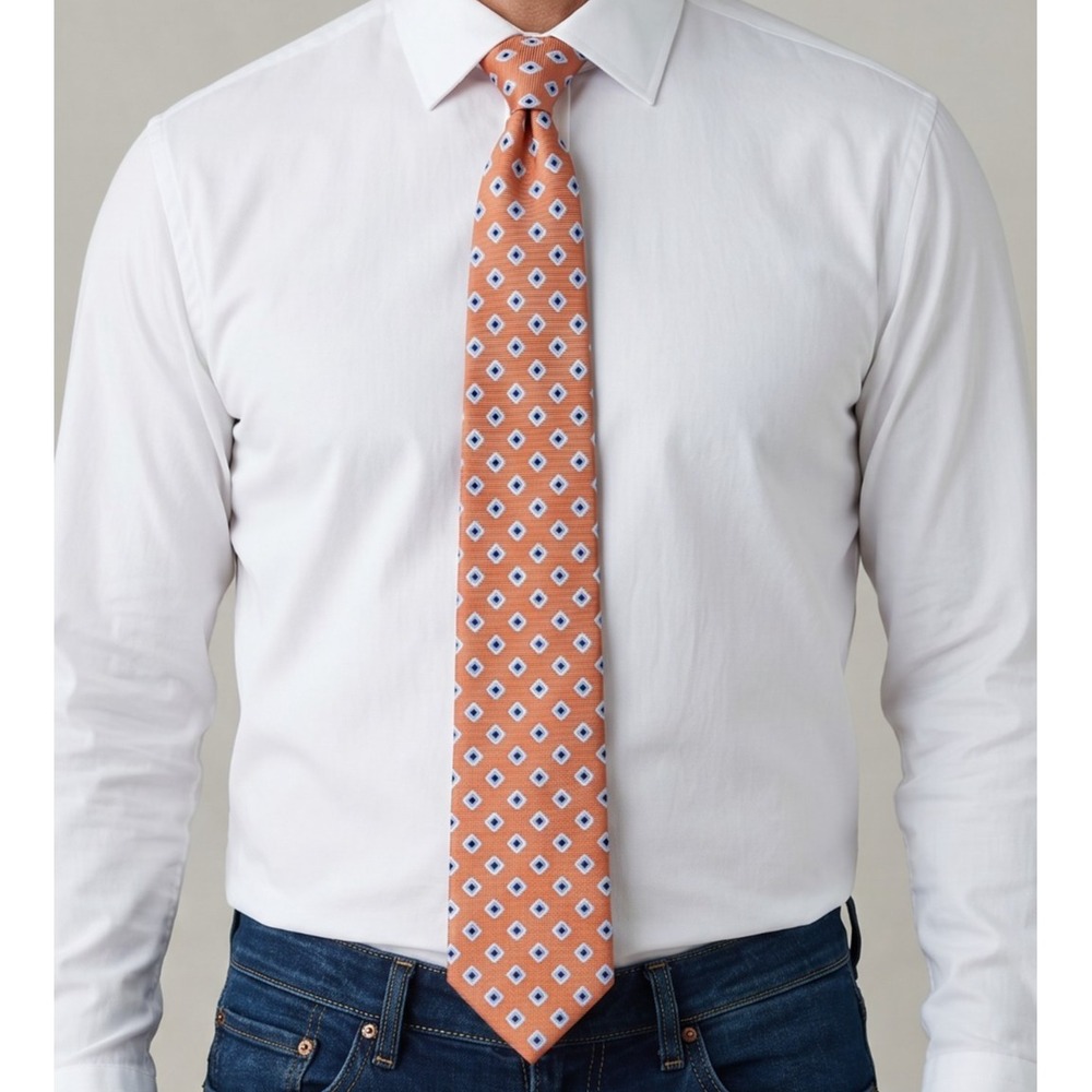 Jos A Bank Tie Mens XL Orange Blue Diamond Silk Executive Collection Excellent